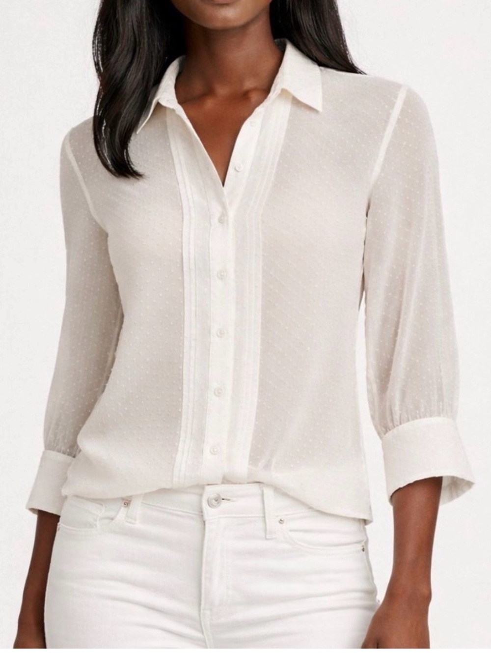 Banana Republic Ivory Pintuck Semi-Sheer Button-Down Top